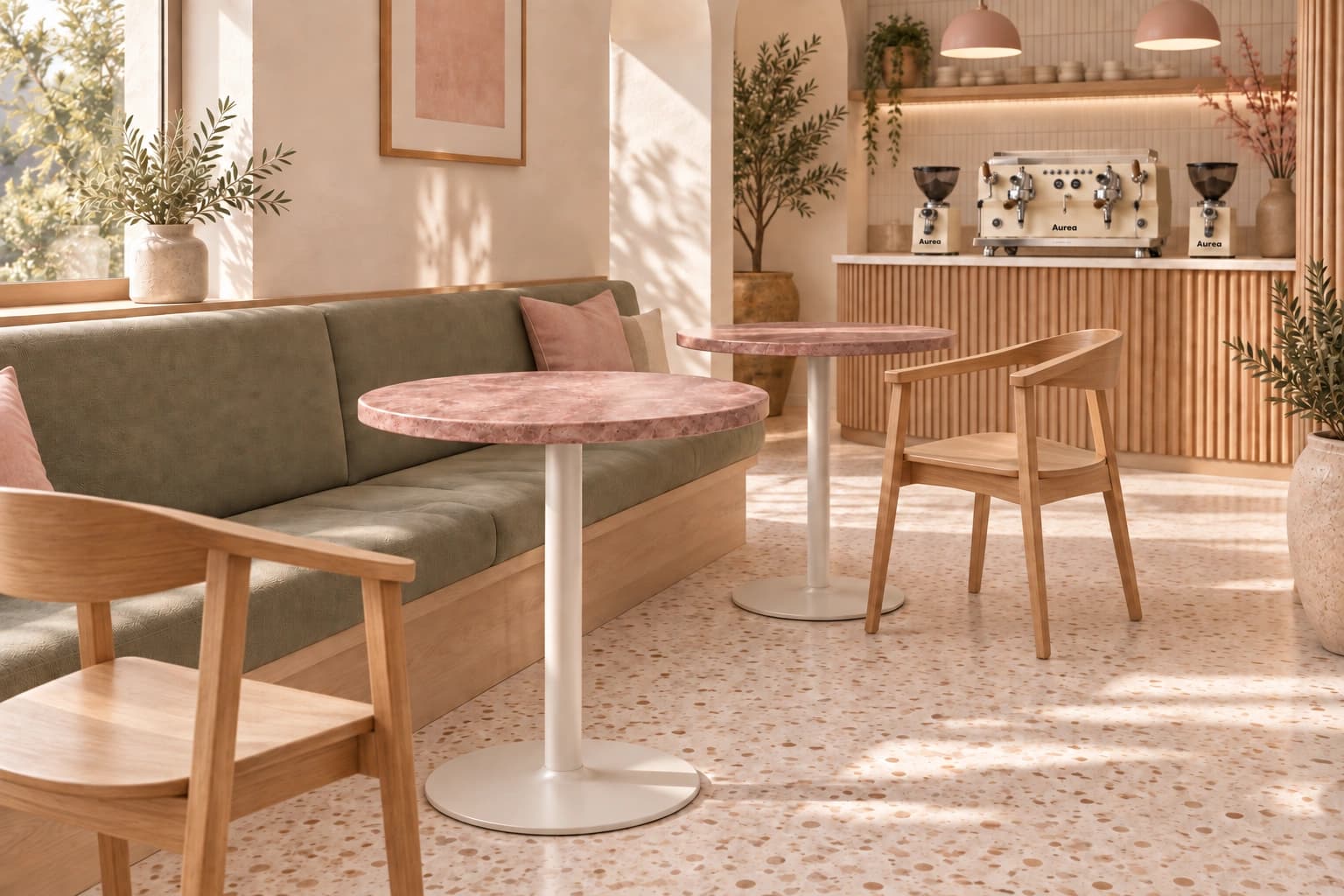 Tables Alba et chaises Sol dans un café lumineux aux tons pastel