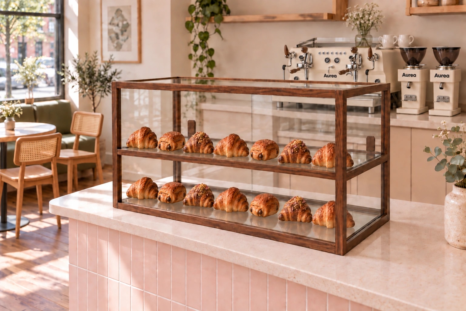 Un comptoir lumineux : notre vitrine en bois, une machine espresso et deux moulins, entourés de rose et de bois clair.